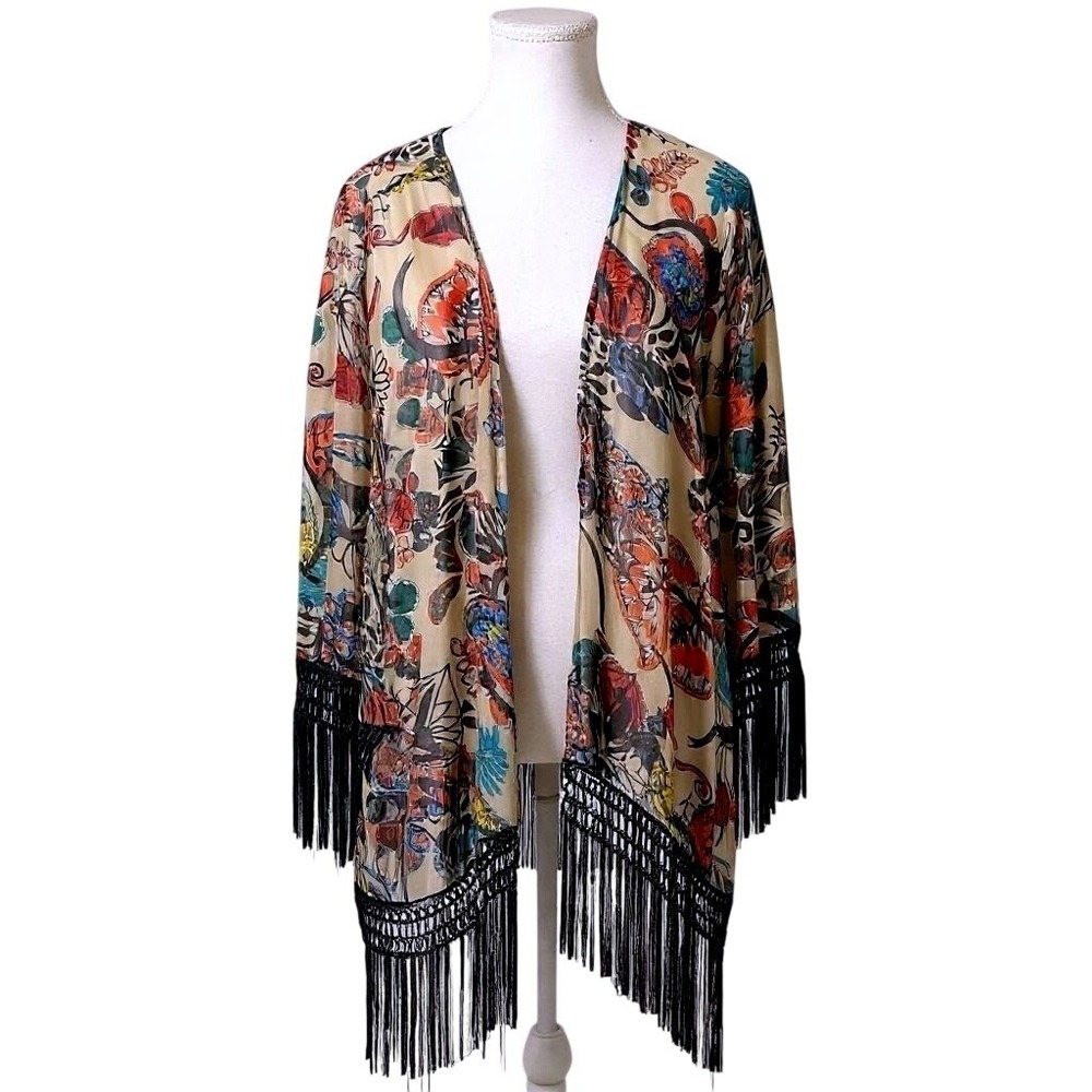 Sans Souci‎ Floral Fringe Kimono Size Small Multicolor Boho Festival Whimsigoth